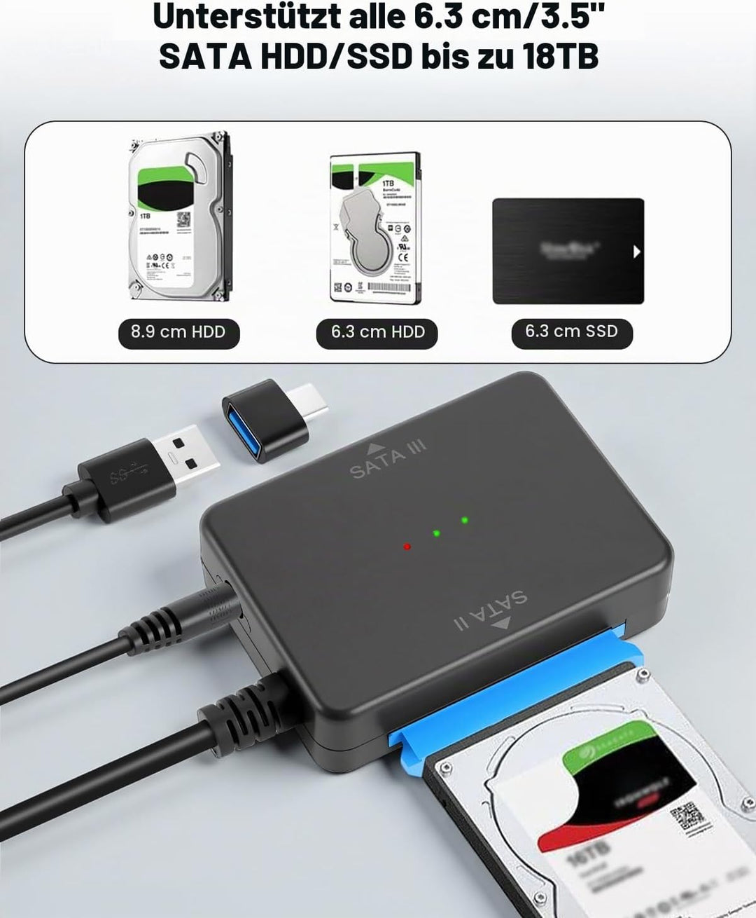 APKLVSR USB 3.0 auf SATA III/II Adapterkabel mit zwei Anschlüssen für 2,5" &amp; 3,5" HDD/SSD, externer