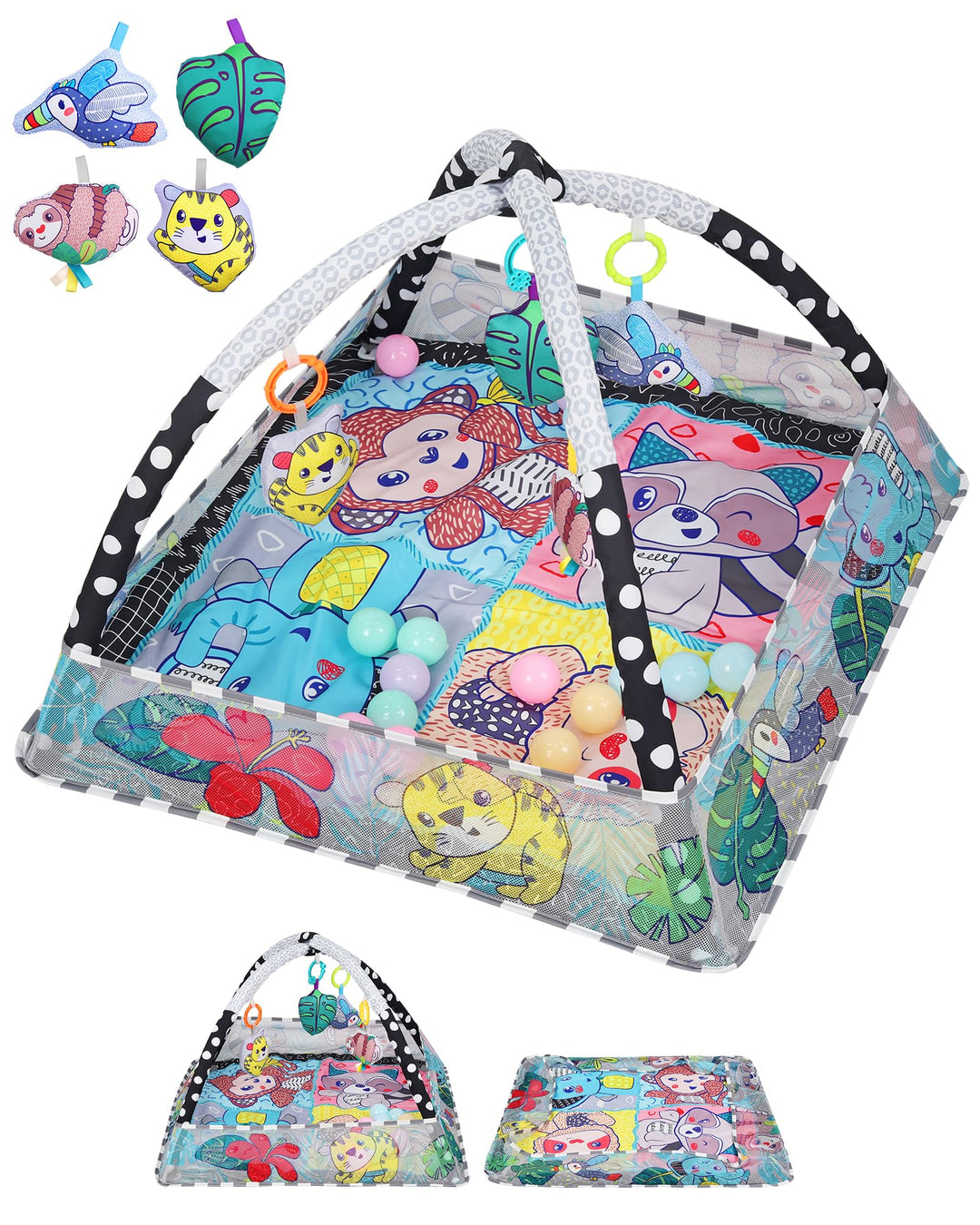eSynic Baby Gym Spieldecke mit Spielbogen & Netz Baby Spielmatte für Bauchzeit 7-in-1 Krabbeldecke m