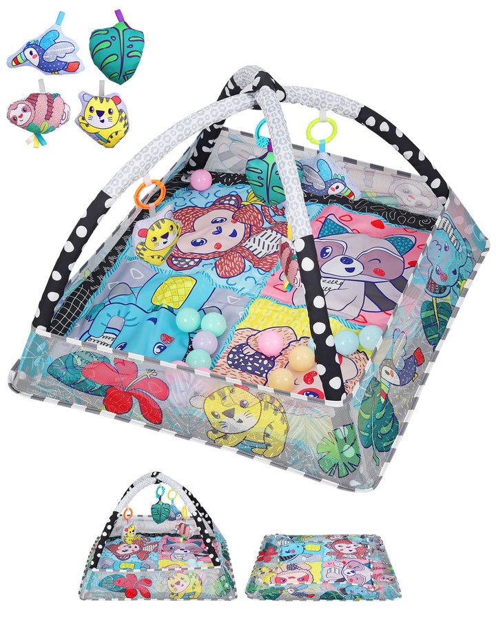 eSynic Baby Gym Spieldecke mit Spielbogen & Netz Baby Spielmatte für Bauchzeit 7-in-1 Krabbeldecke m
