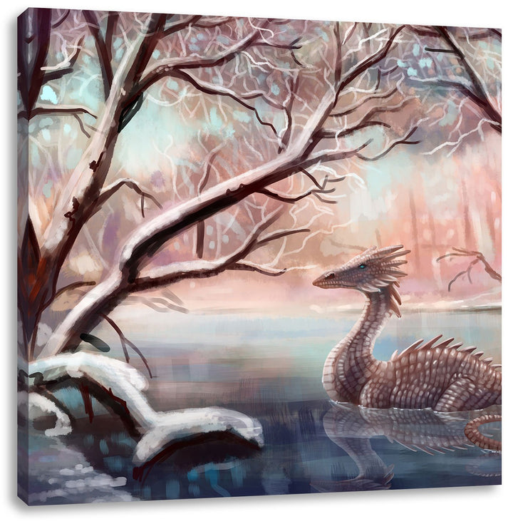 Pixxprint Drache im schneebedeckten Wald, Format: 70x70 auf Leinwand, 70x70