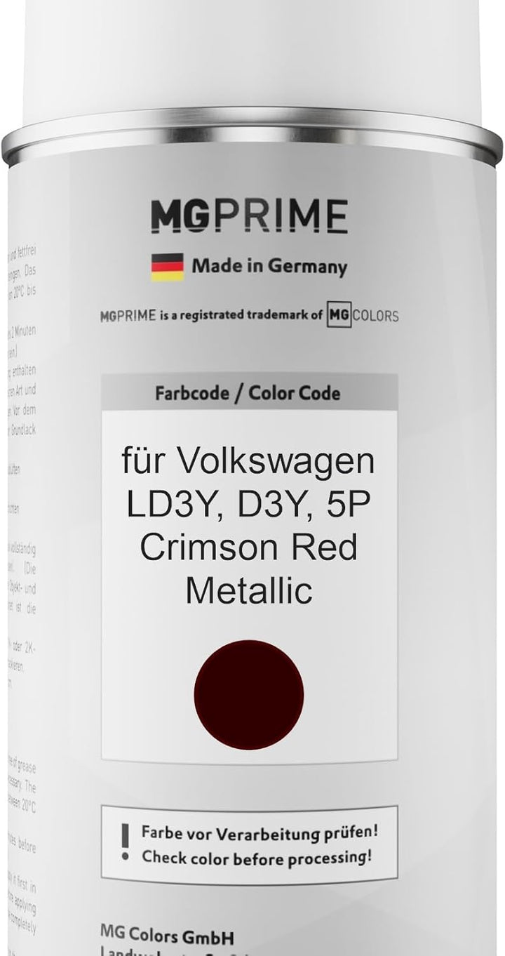 MG PRIME Autolack Sprühdosen Set für Volkswagen VW LD3Y / D3Y / 5P Crimson Red Metallic Basislack Kl
