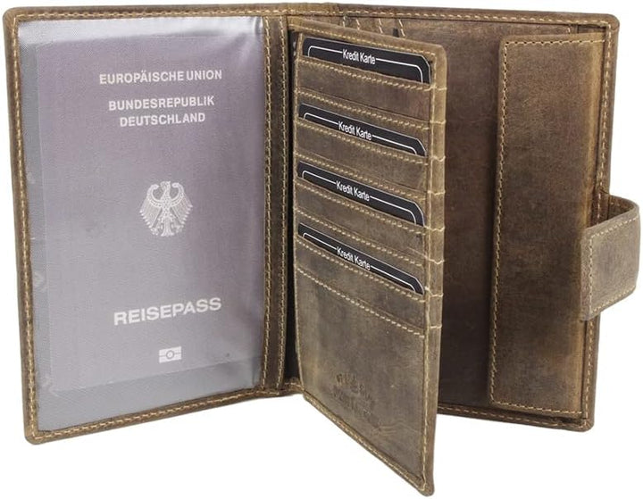 J.Jones Herren Echt-Leder Brieftasche Pass- und Ausweishülle mit RFID-Schutz (Antik-Braun) Antik Bra