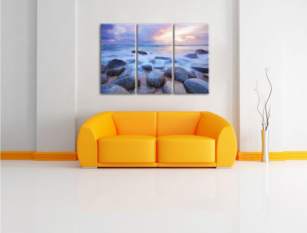 Pixxprint Romantisches Meer Bunstift Effekt 3-Teiler Leinwandbild 120x80 Bild auf Leinwand