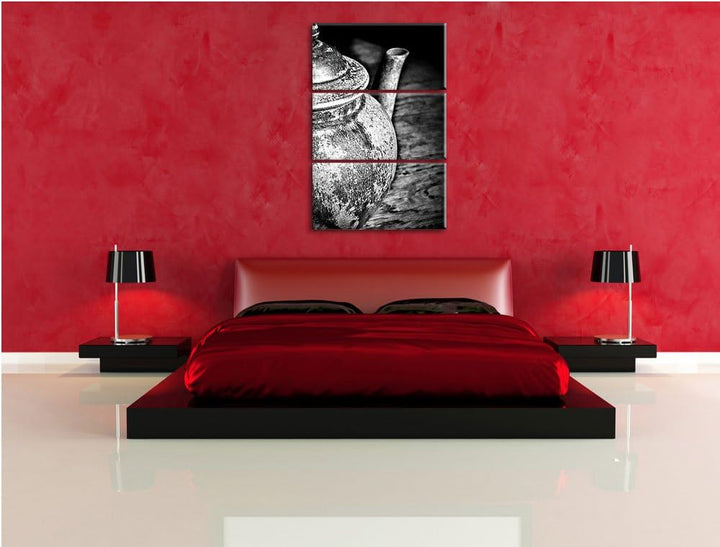 Pixxprint Monocrome, stilvolle alte Teekanne aus Keramik 3-Teiler Leinwandbild 120x80 Bild auf Leinw