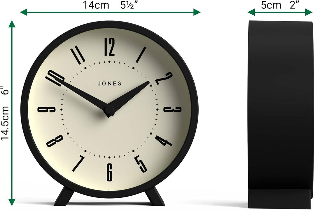 JONES CLOCKS® Venus schreibtischuhr | Modernes rundes Design | Schwarz | Stilvoller retrolook für Re