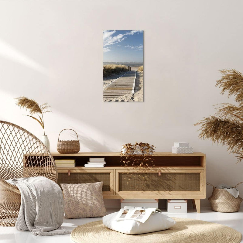 Bilder auf Leinwand Strand Meer Fussgängerbrücke Ufer Leinwandbild mit Rahmen 45x80cm Wandbilder Dek