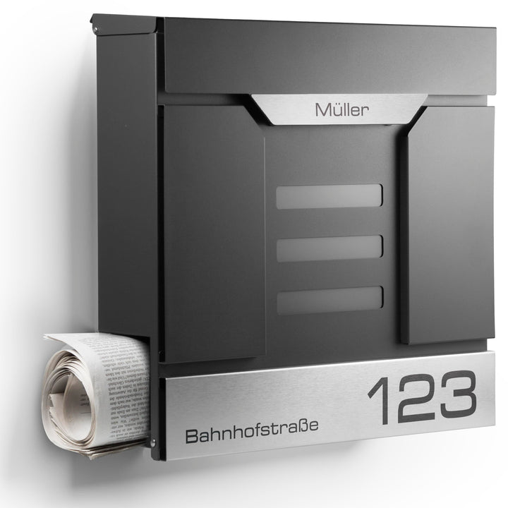 Moderner Briefkasten Personalisierbar Mailand Anthrazit RAL7016 - mit Zeitungsfach - Wandbriefkasten