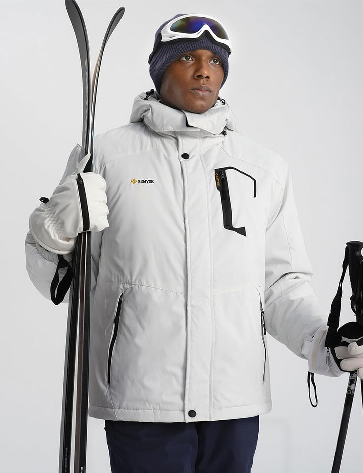 GEMYSE Herren Wasserdichte Berg-Skijacke Winddichte Fleece Outdoor-Winterjacke mit Kapuze L Weiss 01