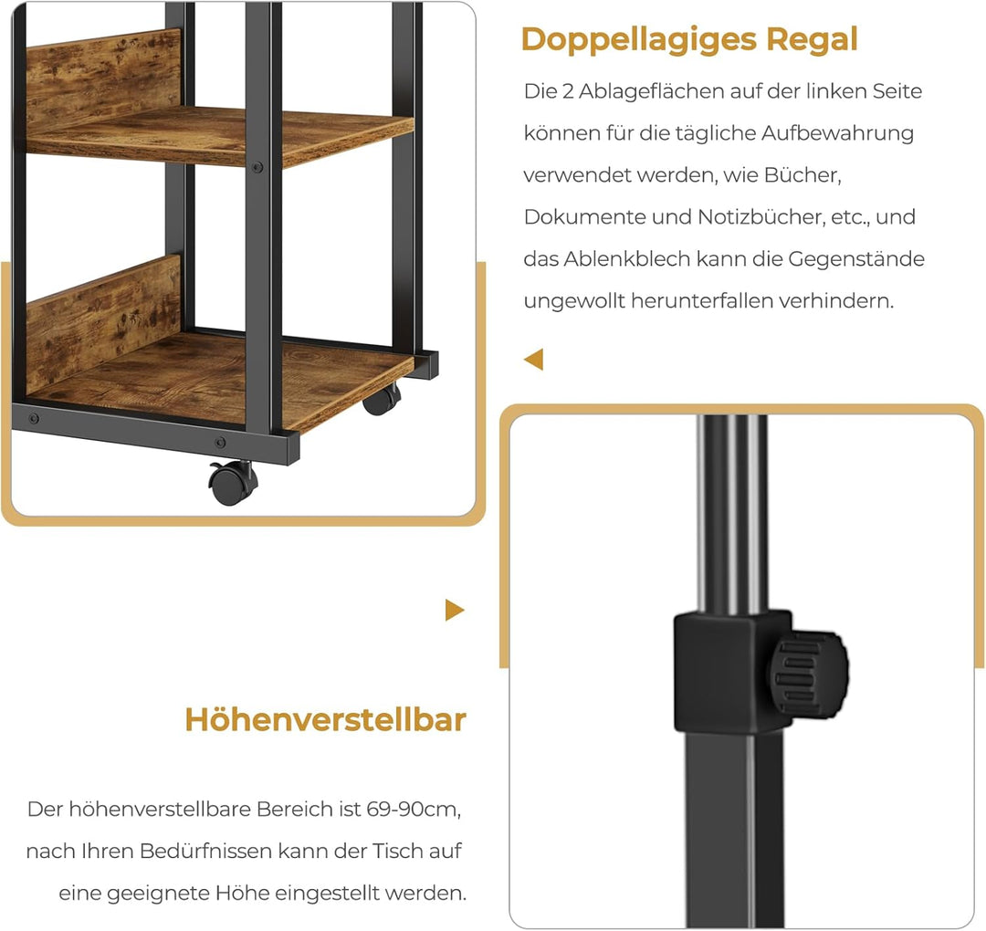 Dripex Schreibtisch Beistelltisch mit Rollen Laptoptisch Höhenverstellbar, aus Holz, Sofatisch Nacht