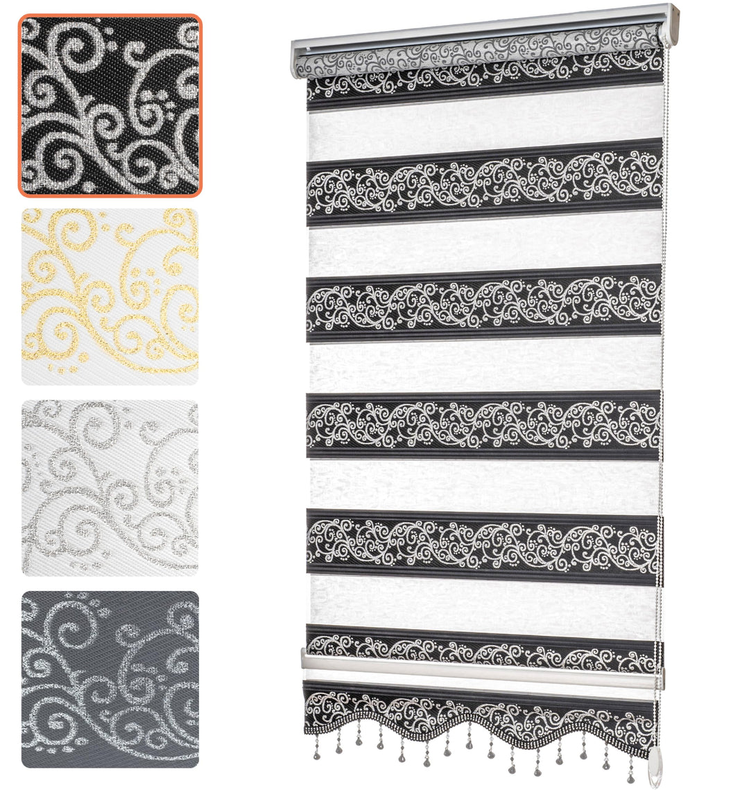Bailena Doppelrollo ohne Bohren 4in1 Klemmfix Duo Rollos mit Muster Ranken Blumen Motiv mit Perlen G
