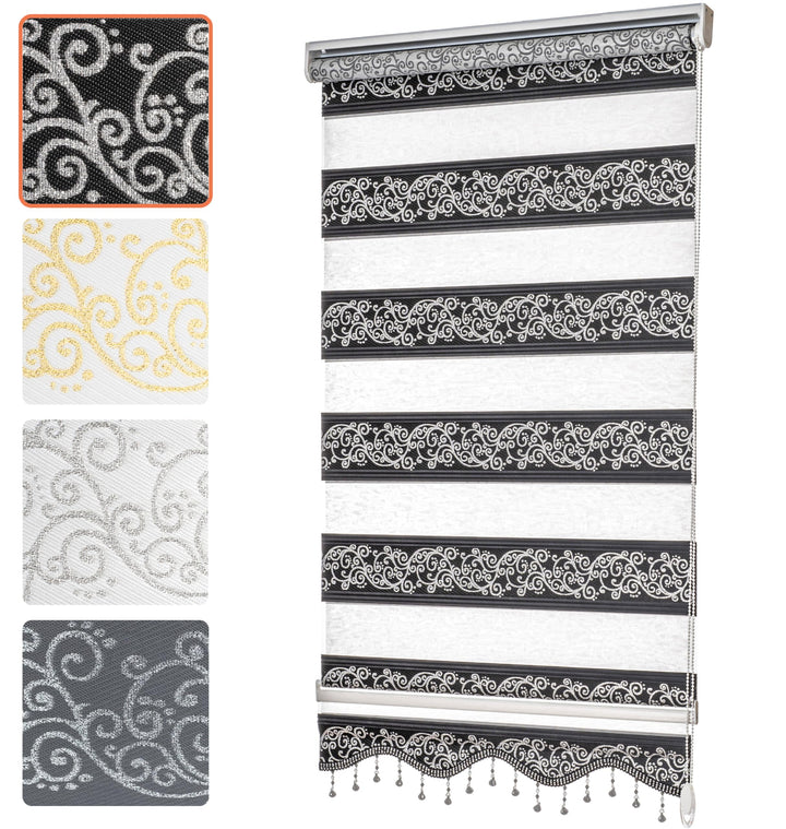 Bailena Doppelrollo ohne Bohren 4in1 Klemmfix Duo Rollos mit Muster Ranken Blumen Motiv mit Perlen G