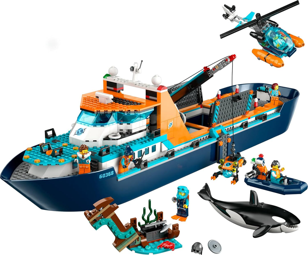 LEGO City Arktis-Forschungsschiff, grosses schwimmfähiges Spielzeug-Boot mit Hubschrauber, Beiboot,