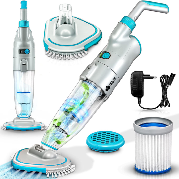 tillvex Poolsauger mit Akku | Pool Bodensauger Teleskopstange elektrisch | Poolreiniger mit Filter &amp;