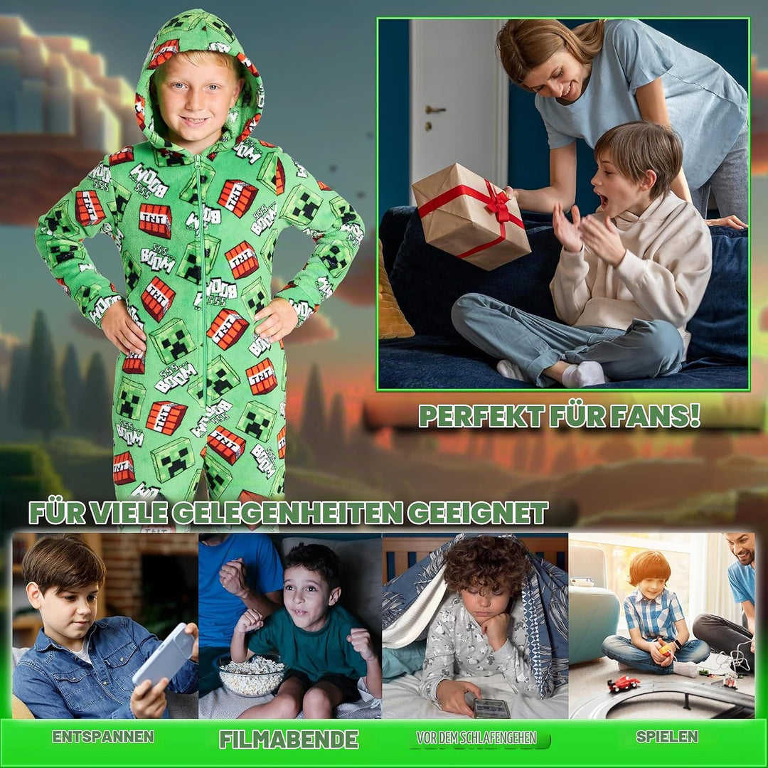 Minecraft Onesie Creeper Fleece Jumpsuit Sleepsuit Gamer Geschenk Schlafoverall mit Kapuze für Junge
