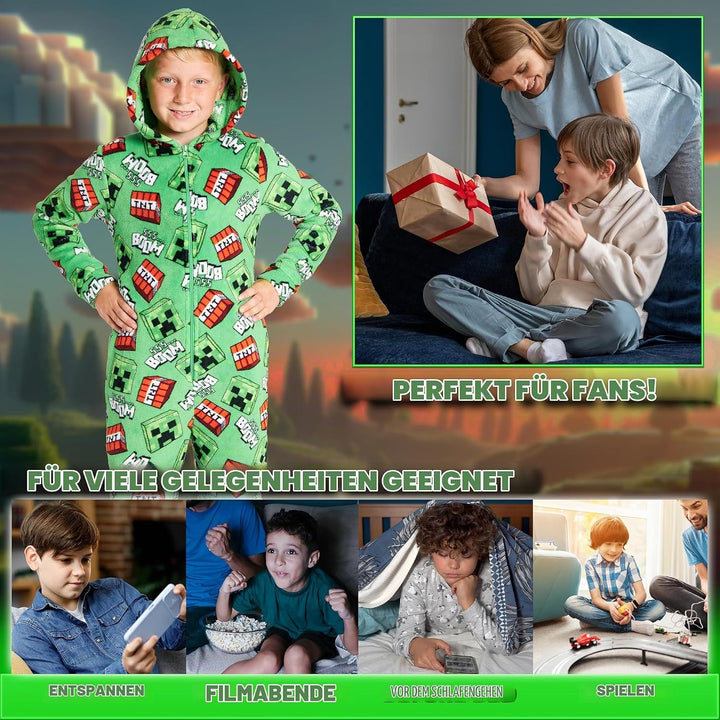 Minecraft Onesie Creeper Fleece Jumpsuit Sleepsuit Gamer Geschenk Schlafoverall mit Kapuze für Junge