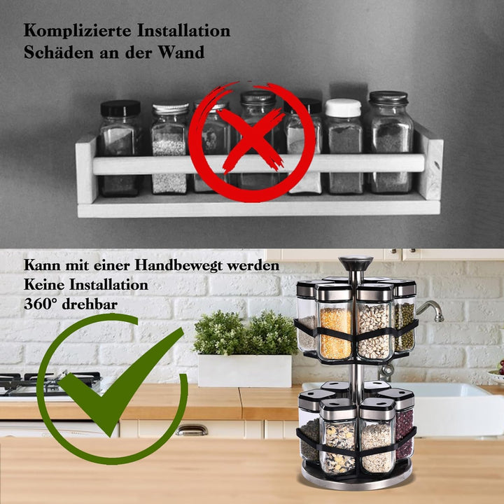 SIAZIH Gewürzregal Drehbar 2 Etagen mit 12 x 120ml Gewürzgläser, 360°-Uhr Lochgrösse wählen, 360° Ge