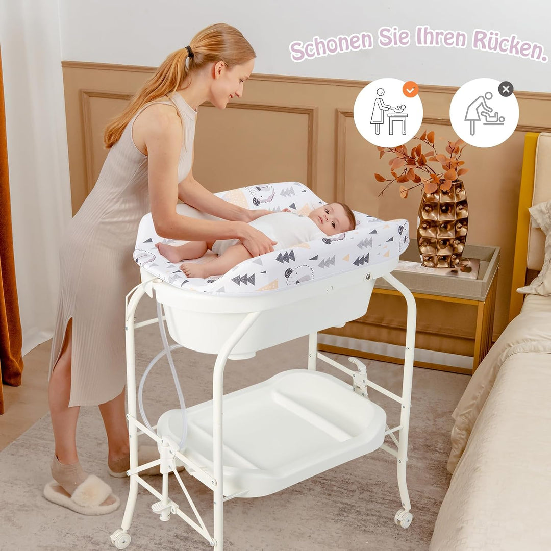 DREAMADE 2 in 1 Wickeltisch & Badewanne mit Gestell, Wickeltisch Klappbar, Wickelkommode auf Rollen
