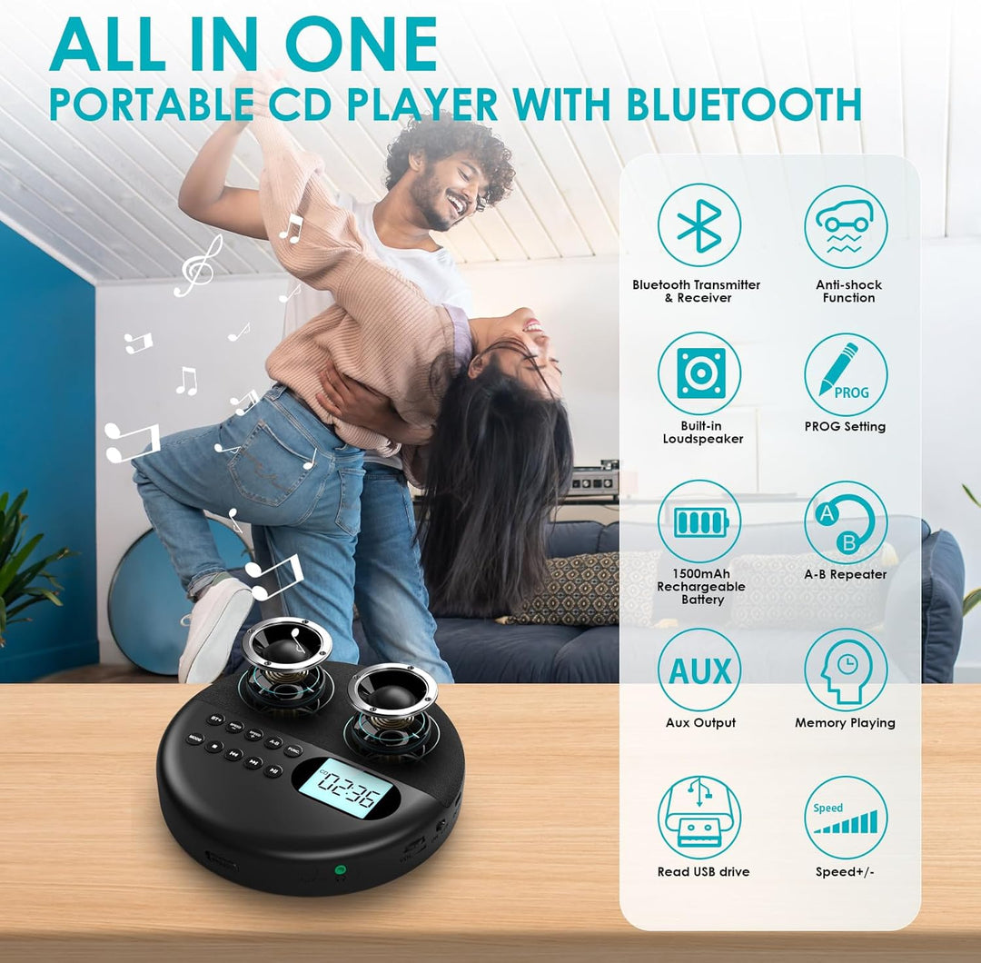 Gueray CD Player Tragbar mit Bluetooth Tragbarer CD Player mit Lautsprecher Integrierte 1500mAh Akku