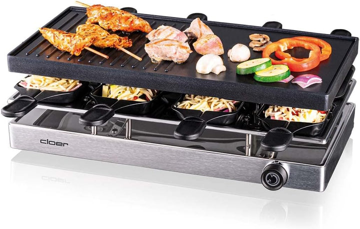 Cloer 6458 Raclettegrill mit Aluminium-Druckguss Platte, 1200 W, 8 antihaftbeschichtete Raclettepfän