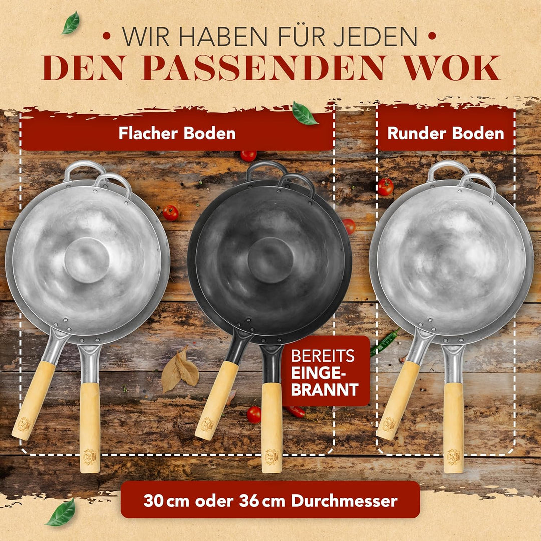 KRUSTENZAUBER 36cm Wokpfanne Induktion voreingebrannt - Traditionelle Stahlwokpfanne mit Wokwender u