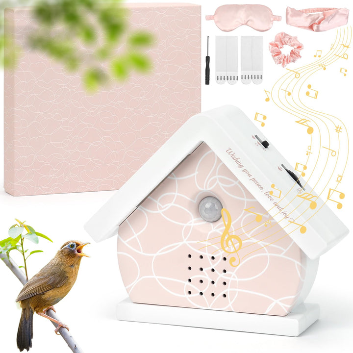 Vogelgezwitscher Box mit Bewegungsmelder & Licht, 12 Naturgeräuschen, Rosa Herz-Haus Design, inkl. S