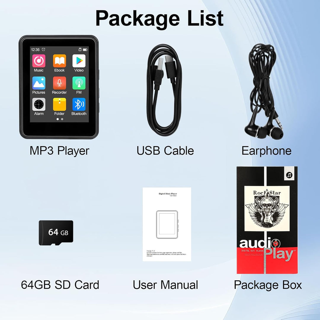 64GB MP3 Player Bluetooth 5.2 - MP3-Player 2.4" Full Touchscreen Tragbarer MP3 Player mit Lautsprech