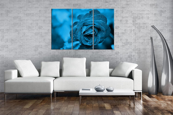 beeindruckende Blaue Rose Effekt: Zeichnung Format: 3-teilig 120x80, Motiv fertig gerahmt auf Echtho