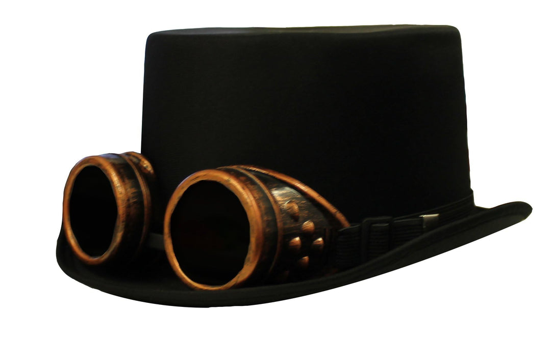 I LOVE FANCY DRESS Steampunk VIKTORIANISCH Schwarze Zylinder AUS Satin MIT Bronze Brille - PERFEKTES