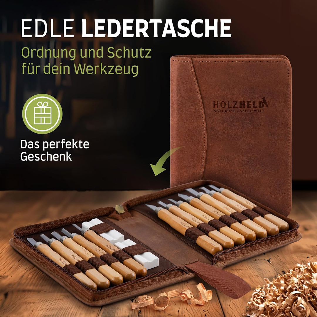 HOLZHELD Schnitzwerkzeug und Schnitzrohling (17-teilig) in hochwertiger Ledertasche. Inkl. Anleitung