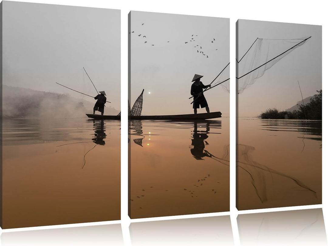 Pixxprint Fisher beim Angeln im Mekong-Fluss in Thailand B&W Detail 3-Teiler Leinwandbild 120x80 Bil