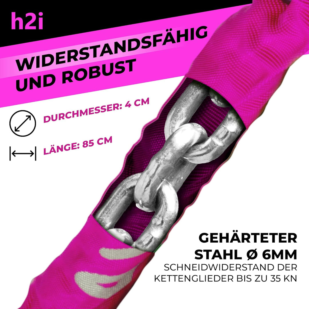 h2i Set aus AXA Kettenschloss Clinch CH85 Plus in Pink und h2i Sticker, Fahrradschloss mit Kette 85c