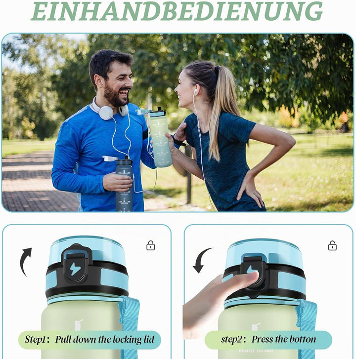 HoneyHolly Trinkflasche 1L, Auslaufsicher mit Zeitmarkierung, Wasserflasche, Sportflasche mit Filter