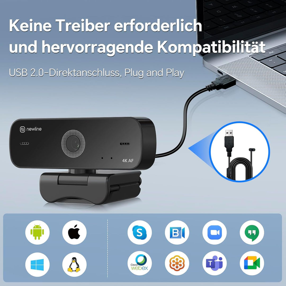 N newline Webcam 4k 30FPS PC Kamera mit 2 Mikrofon mit Sony Sensor, Aktualisiert Autofokus, Lichtkor