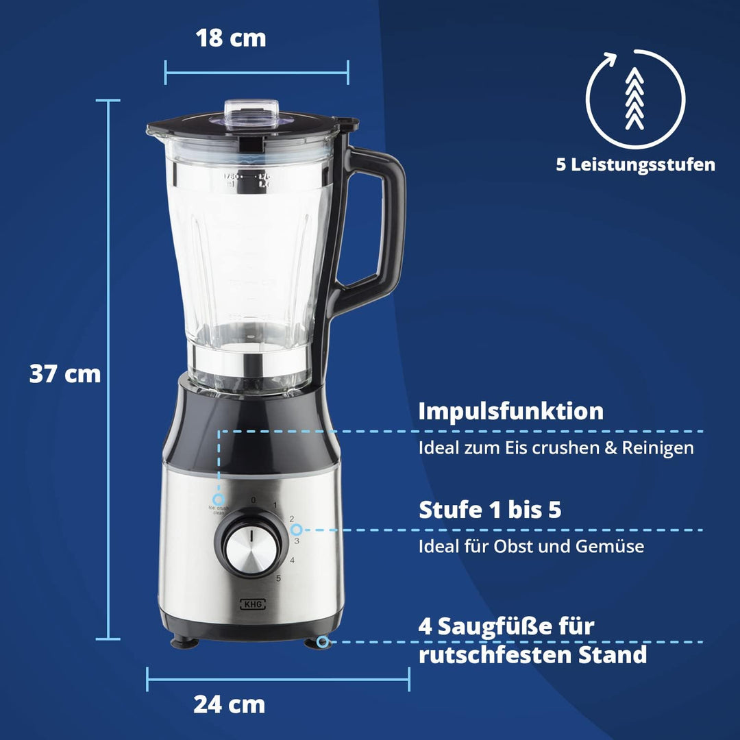 KHG Smoothie Maker Standmixer aus Glas für 1,75 Liter in Schwarz & Edelstahl, mit Messskala, Nachfül