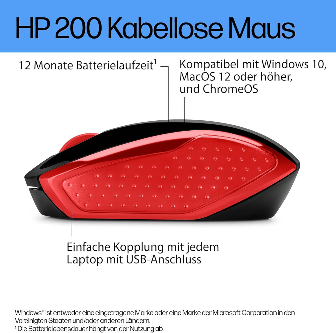 HP 200 (2HU82AA) kabellose Maus (1.000 dpi, 3 Tasten, Scrollrad, USB dongle) schwarz / rot rot Singl