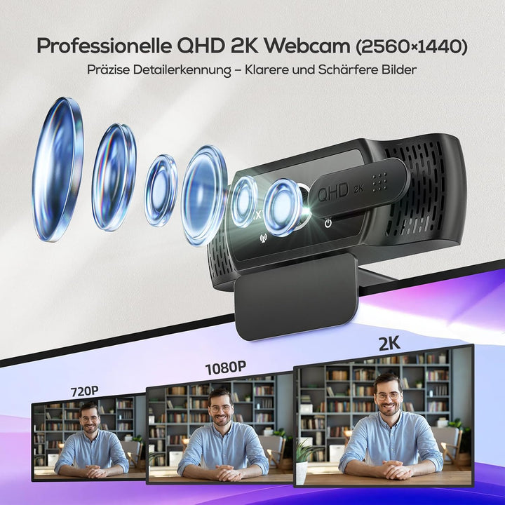 Nulaxy QHD 2K Webcam mit Automatische Lichtkorrektur, PC Camera mit 2 Rauschunterdrückungs Mikrofone