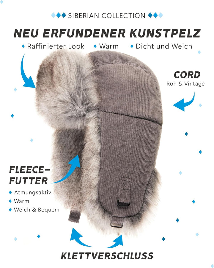 Futrzane Trappermütze aus Cord - Ushanka Herren - Fell Mütze mit Ohrenklappen S Grau - Silber Siberi
