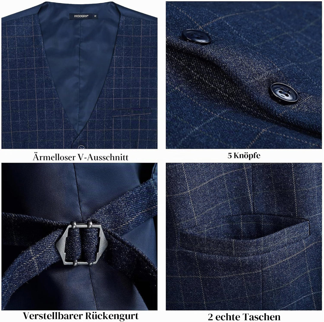 HISDERN Manner Formale Hochzeitsfeier Weste Baumwolle Plaid Kleid Anzug Weste für Herren 1Royal Blue