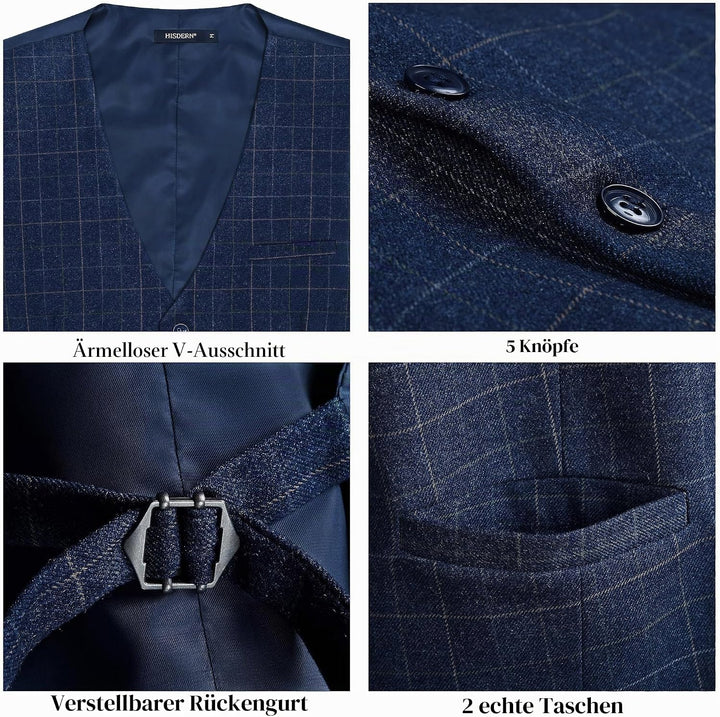 HISDERN Manner Formale Hochzeitsfeier Weste Baumwolle Plaid Kleid Anzug Weste für Herren 1Royal Blue