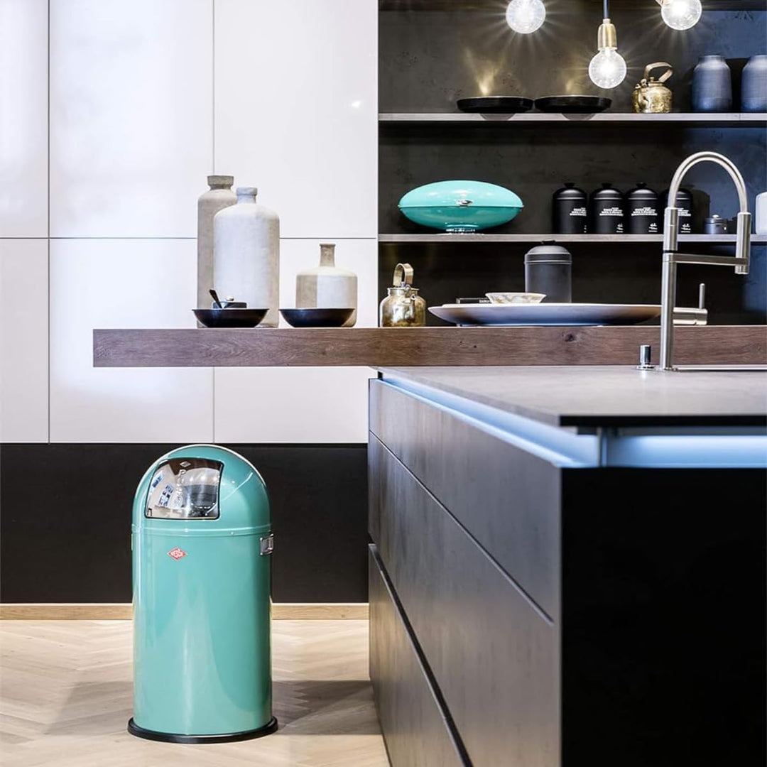 Wesco Pushboy Mülleimer in der Farbe sand matt pulverbeschichtetes Stahlblech, 50 Liter Volumen, gro