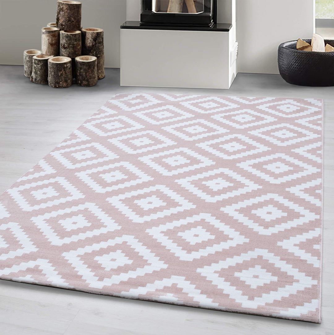 Carpetsale24 Teppich Wohnzimmer Rauten Design Pink Meliert 140 x 200 cm - Kurzflor Teppich Schlafzim