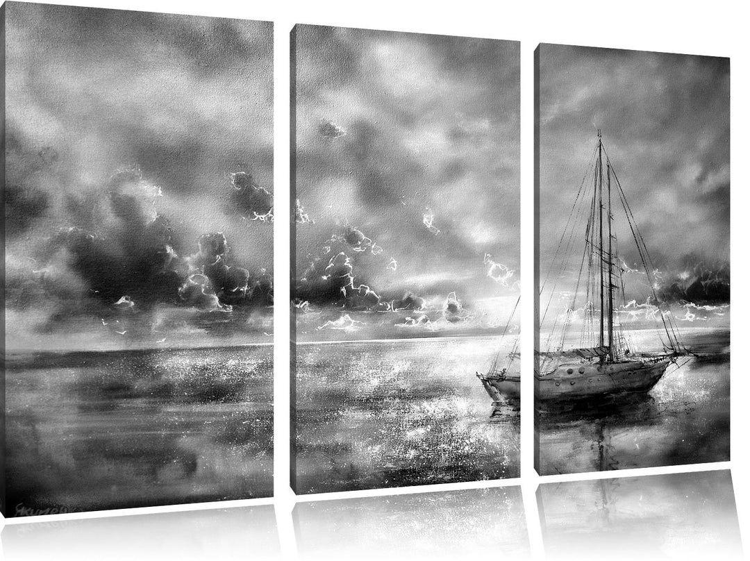 Pixxprint Monocrome, Schönes Gemälde eines Bootes 3-Teiler Leinwandbild 120x80 Bild auf Leinwand