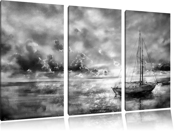 Pixxprint Monocrome, Schönes Gemälde eines Bootes 3-Teiler Leinwandbild 120x80 Bild auf Leinwand