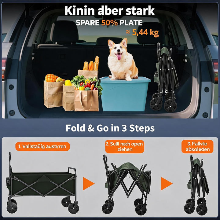 Faltbarer Bollerwagen, 220L 172kg Traglast, 360° Geländeräder, Bremse, Stahlrahmen, 600D Oxford PVC,