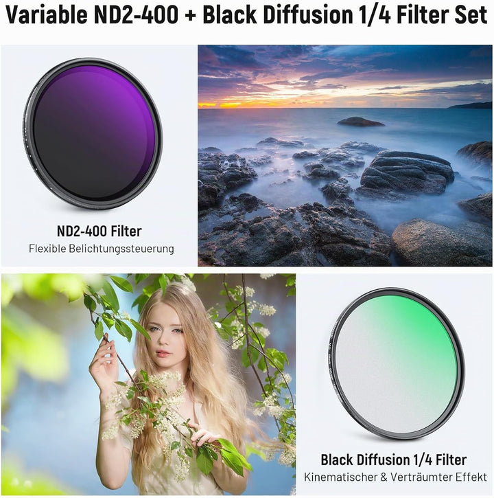 NEEWER 67mm Variable ND 2-400 &amp; Black Diffusion 1/4 Filter für einen filmischen Nebeleffekt, 2 Pack