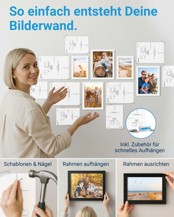 PHOTOLINI weisse Bilderrahmen Set verschiedene Grössen, 17 Bilderrahmen weiss Holz MDF, Bilder Rahme