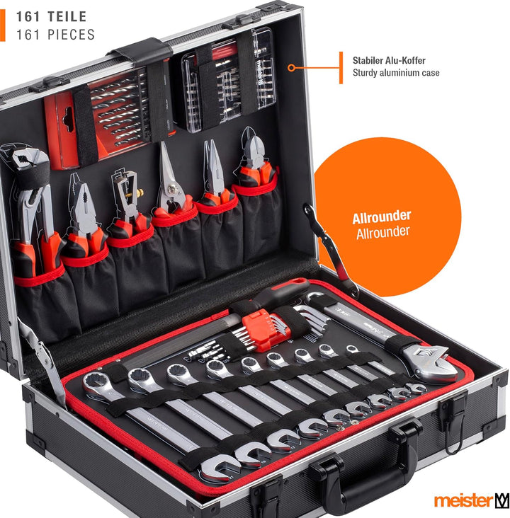 Meister Werkzeugkoffer 161-teilig - Stabiler Alu-Koffer -Set - Für Haushalt, Garage &amp; Werkstatt/Prof