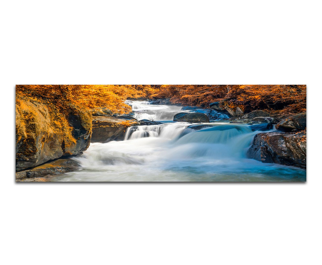 Paul Sinus Art Panoramabild auf Leinwand und Keilrahmen 150x50cm Wald Fluss Wasserfall Herbst