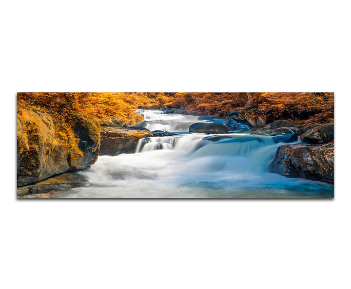 Paul Sinus Art Panoramabild auf Leinwand und Keilrahmen 150x50cm Wald Fluss Wasserfall Herbst