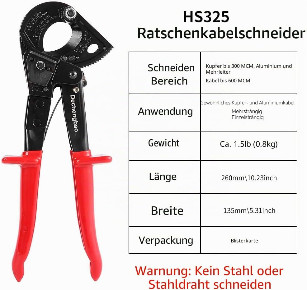 Kabelschneider, Hochleistungs-Aluminium-Kupfer-Ratschenkabelschneider HS325A, Schneiden von bis zu 2